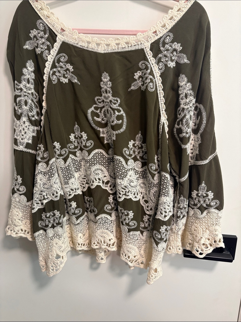 Democracy Olive Green Tunic with Cream Crochet Trim